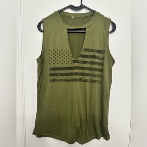 Olive Green Sleeveless V-Neck Flag Print Women’s Top